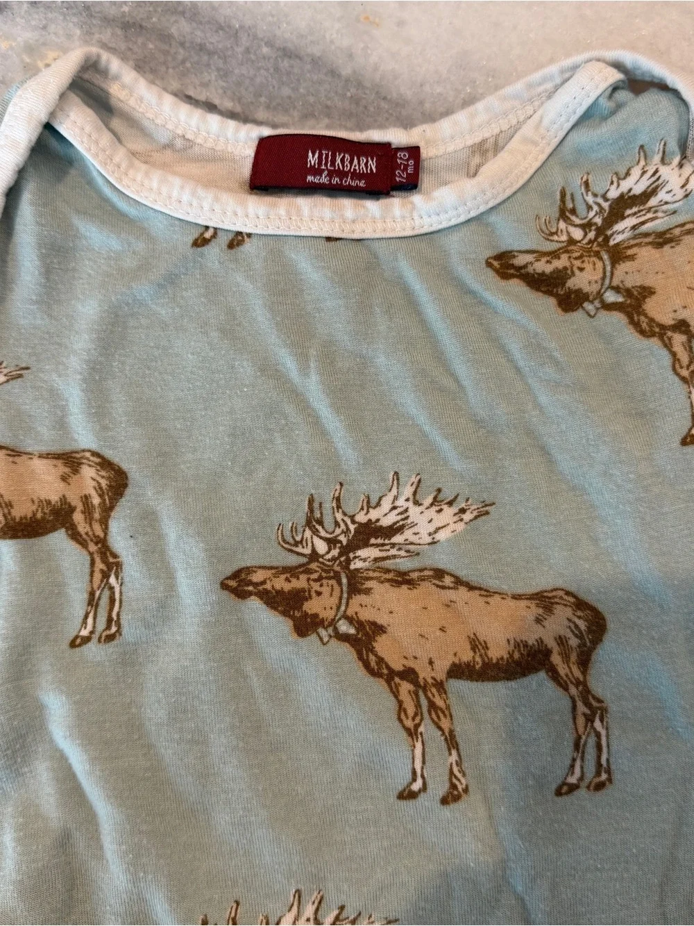 Milkbarn Blue Moose Print Long-Sleeve One-Piece Baby Bodysuit 12-18 Months